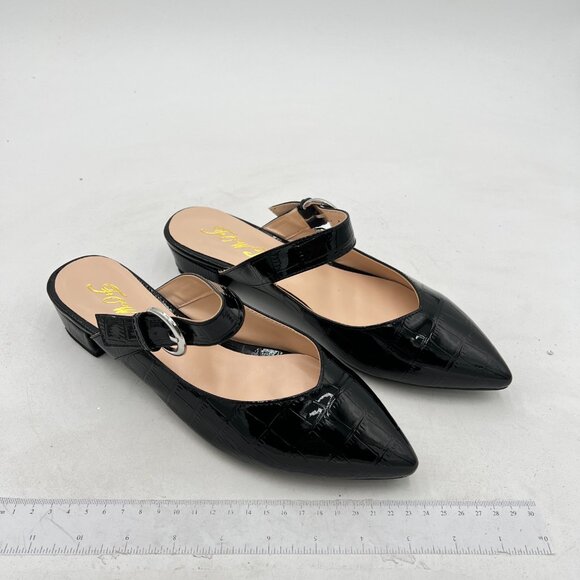 FOWT Black Croc-textured Pointed Toe Low Chunky Heel Strappy Mule Sandal - Picture 4 of 8